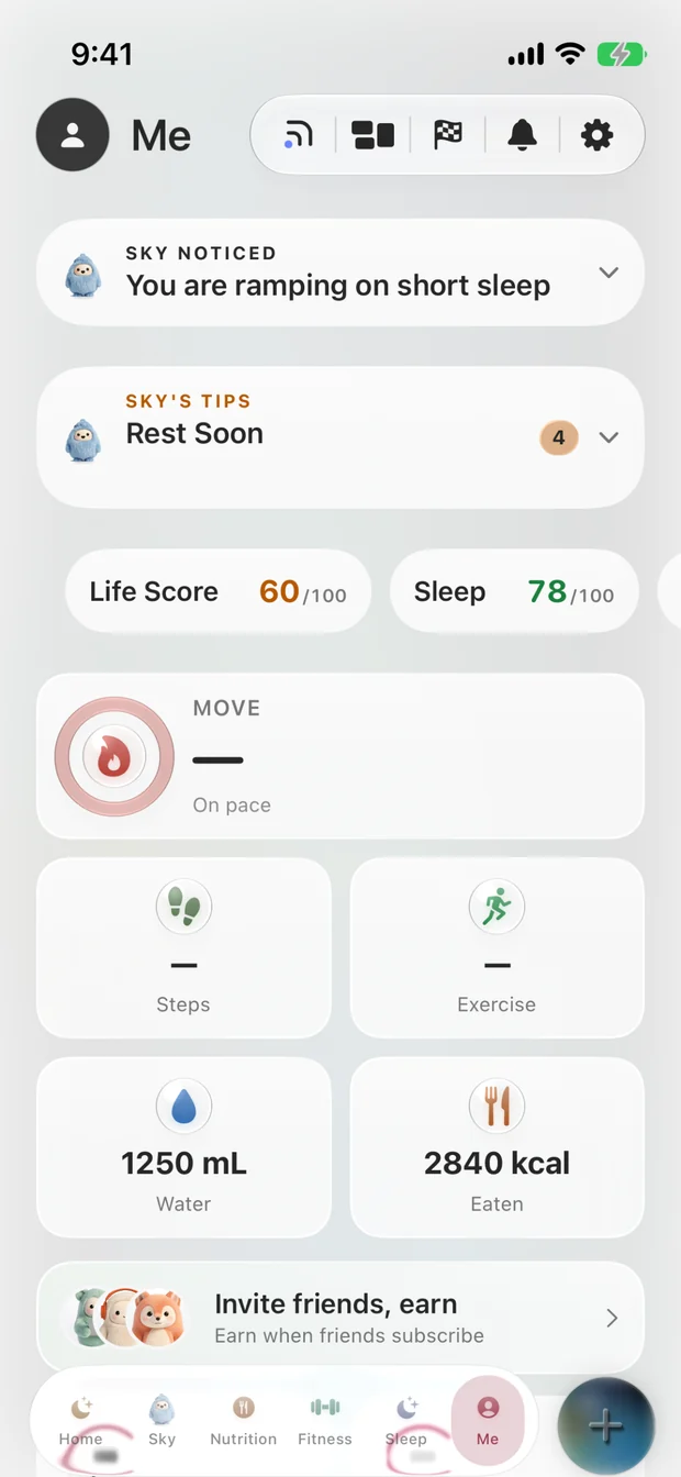 Earlier Life OS Me preview showing scores and health summaries